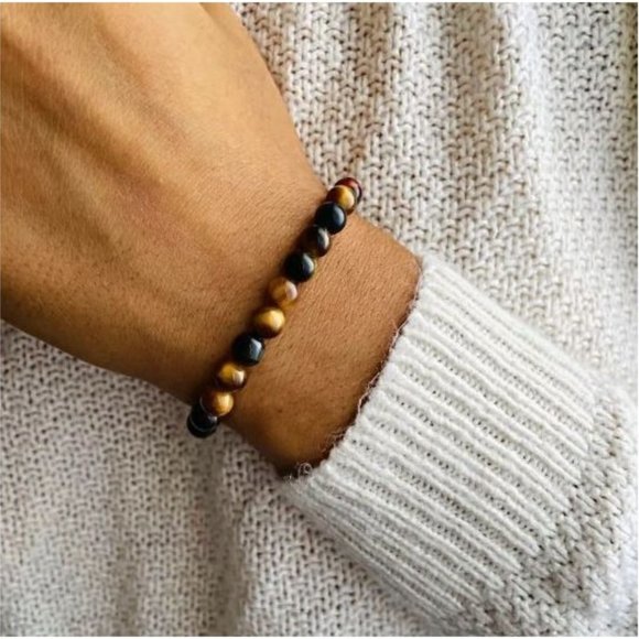 10mm Trinity Tiger's Eye Courage, Luck, Calming Stretch Bracelet - Picture 6 of 9